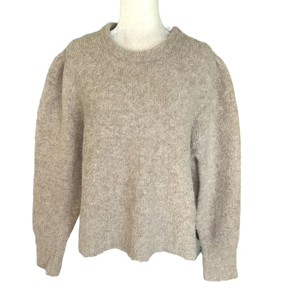 J. Crew Heather Tan Puff Sleeve Chunky Fuzzy Alpaca Blend Sweater - L - Picture 1 of 11